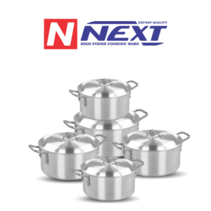 Metal finish casserole set featuring various sizes, high-quality metal construction, and ergonomic handles, ideal for even cooking and easy cleaning.