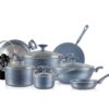 Xelent Pakistan Marble Jumbo Cookware Set 19 Pcs, featuring a 22cm and 24cm pan, a 26cm tawa, a 31cm fry pan, a 24cm saucepan, an 18cm wok, a 30cm fry pan, six spoons, and an apron. This set includes marble-coated non-stick cookware designed for durability and even heat distribution.