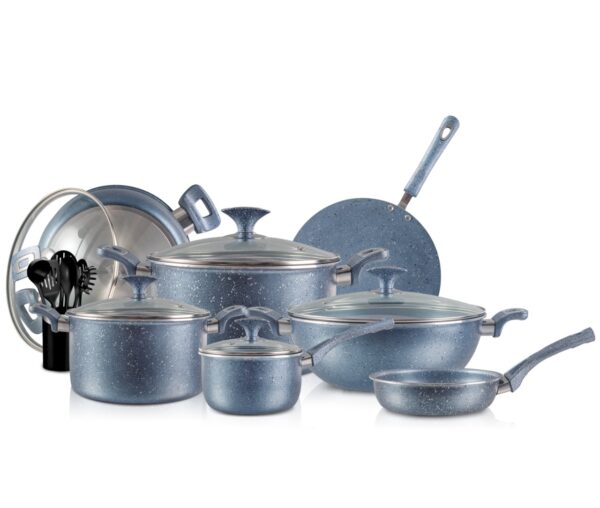 Xelent Pakistan Marble Jumbo Cookware Set 19 Pcs, featuring a 22cm and 24cm pan, a 26cm tawa, a 31cm fry pan, a 24cm saucepan, an 18cm wok, a 30cm fry pan, six spoons, and an apron. This set includes marble-coated non-stick cookware designed for durability and even heat distribution.