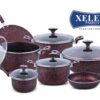 Xelent Pakistan Marble Jumbo Cookware Set 19 Pcs, featuring a 22cm and 24cm pan, a 26cm tawa, a 31cm fry pan, a 24cm saucepan, an 18cm wok, a 30cm fry pan, six spoons, and an apron. This set includes marble-coated non-stick cookware designed for durability and even heat distribution.