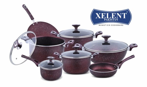 Xelent Pakistan Marble Jumbo Cookware Set 19 Pcs, featuring a 22cm and 24cm pan, a 26cm tawa, a 31cm fry pan, a 24cm saucepan, an 18cm wok, a 30cm fry pan, six spoons, and an apron. This set includes marble-coated non-stick cookware designed for durability and even heat distribution.