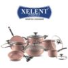 Xelent Pakistan Marble Jumbo Cookware Set 19 Pcs, featuring a 22cm and 24cm pan, a 26cm tawa, a 31cm fry pan, a 24cm saucepan, an 18cm wok, a 30cm fry pan, six spoons, and an apron. This set includes marble-coated non-stick cookware designed for durability and even heat distribution.