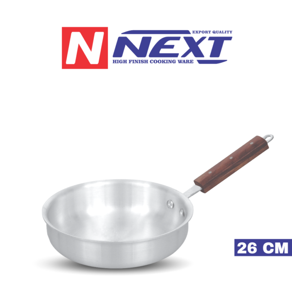 Sleek metal finish frypan with ergonomic iron wooden handles, offering durability and even heat distribution for versatile cooking.