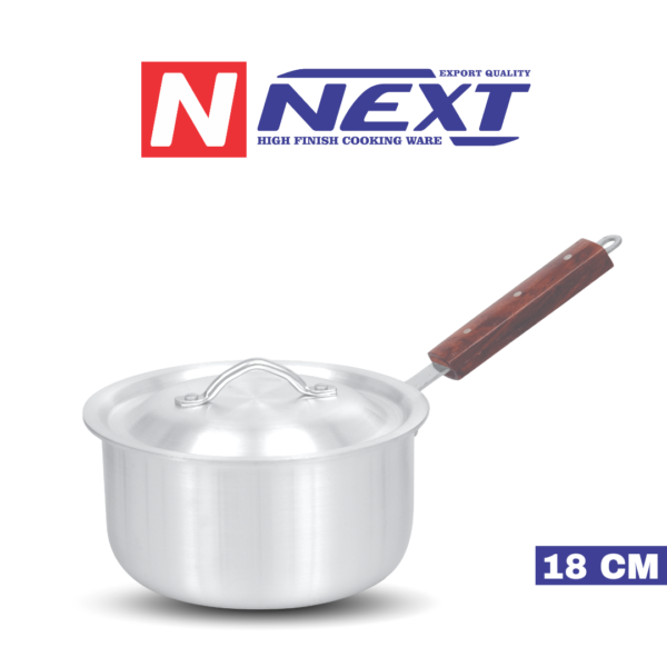 Sleek metal finish saucepan with durable iron wooden handles, ideal for versatile cooking and comfortable handling.