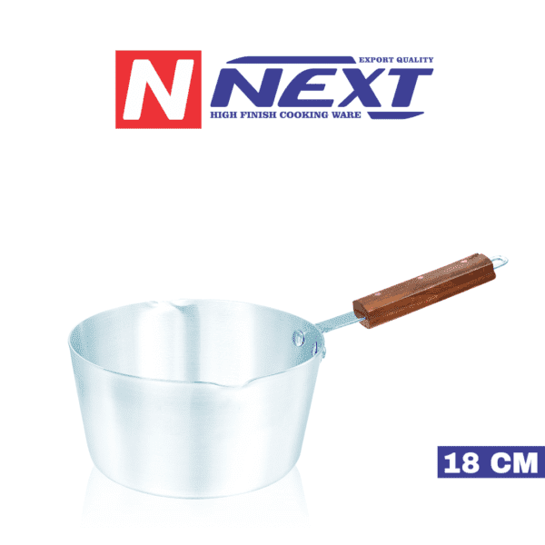 Metal finish milkpan with ergonomic iron wooden handles, ideal for heating milk and cooking small quantities, offering durability and style.