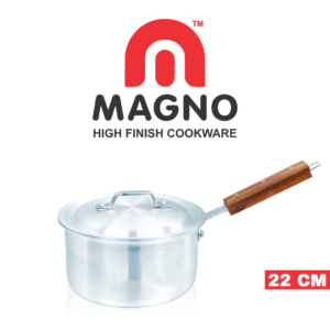 Sleek metal finish saucepan with durable iron wooden handles, ideal for versatile cooking and comfortable handling.