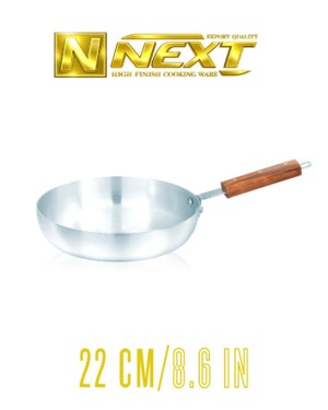 Sleek metal finish frypan with ergonomic iron wooden handles, offering durability and even heat distribution for versatile cooking.