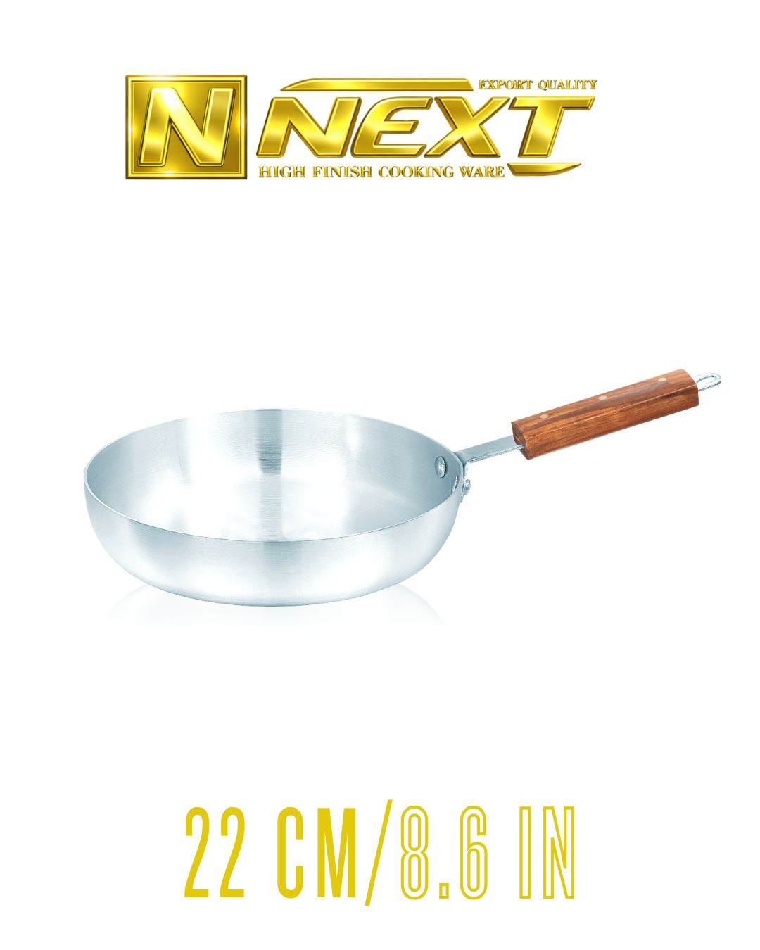 Sleek metal finish frypan with ergonomic iron wooden handles, offering durability and even heat distribution for versatile cooking.