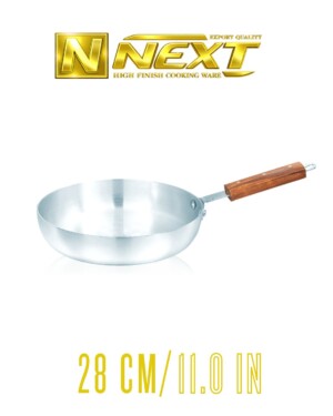 Sleek metal finish frypan with ergonomic iron wooden handles, offering durability and even heat distribution for versatile cooking.