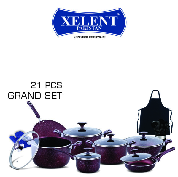 21-Piece Xelent Marble Coated Cookware Set with various pans, tawa, frying pan with lid, saucepan, wok, and additional accessories including nylon spoons, apron, and glove.