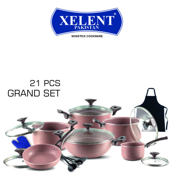 21-Piece Xelent Marble Coated Cookware Set with various pans, tawa, frying pan with lid, saucepan, wok, and additional accessories including nylon spoons, apron, and glove.