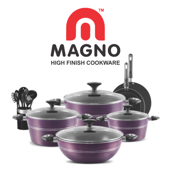 "Discover the Eco Nonstick Cookware Set: a versatile collection featuring 22cm, 24cm, and 26cm casseroles, a 30cm karahi/wok, a 25cm frying pan, a 14cm tarka frying pan, and a 31cm tawa. Enjoy effortless cooking with eco-friendly nonstick surfaces and easy maintenance."