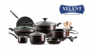 Xelent Pakistan Crystal Cookware Set 18 Pcs with 22 cm, 24 cm, 26 cm casseroles, 30 cm wok, 24 cm frying pan, 18 cm saucepan, and 32 cm tawa.