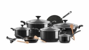 Xelent Pakistan Crystal Cookware Set 18 Pcs with 22 cm, 24 cm, 26 cm casseroles, 30 cm wok, 24 cm frying pan, 18 cm saucepan, and 32 cm tawa.