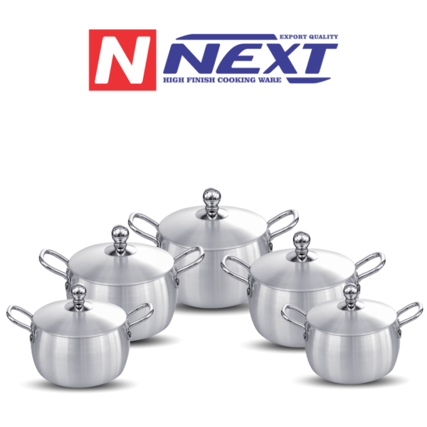 Metal finish casserole set featuring various sizes, high-quality metal construction, and ergonomic handles, ideal for even cooking and easy cleaning.