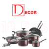 18-piece nonstick cookware set with 3 pots with glass lids, frying pan, wok, saucepan, tawa, and 6 spoons, designed for versatile cooking and easy cleaning.