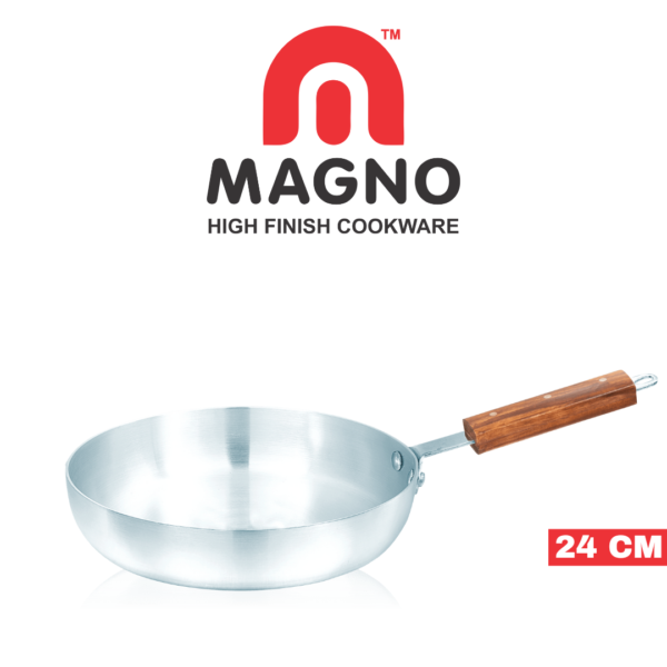 Sleek metal finish frypan with ergonomic iron wooden handles, offering durability and even heat distribution for versatile cooking.