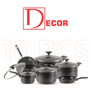 18-piece nonstick cookware set with 3 pots with glass lids, frying pan, wok, saucepan, tawa, and 6 spoons, designed for versatile cooking and easy cleaning.