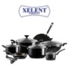 Xelent Pakistan Crystal Cookware Set 18 Pcs with 22 cm, 24 cm, 26 cm casseroles, 30 cm wok, 24 cm frying pan, 18 cm saucepan, and 32 cm tawa.