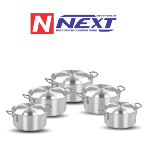 Metal finish casserole set featuring various sizes, high-quality metal construction, and ergonomic handles, ideal for even cooking and easy cleaning.