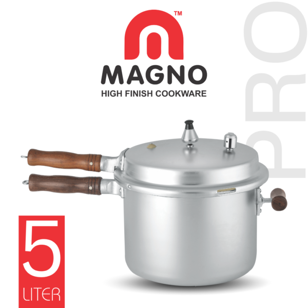 "Image of a ergonomic pressure cooker handle, silver in color with a comfortable grip, attached to a pressure cooker"