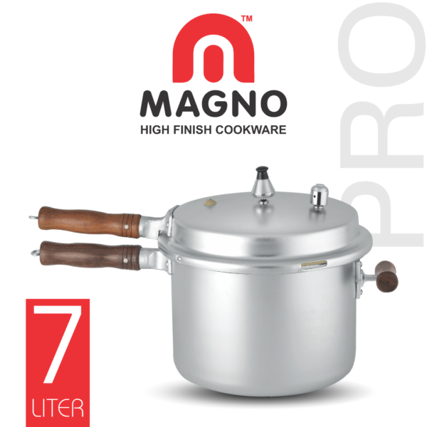 "Image of a ergonomic pressure cooker handle, silver in color with a comfortable grip, attached to a pressure cooker"