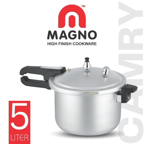 Pressure cooker with durable Bakelite handles, featuring an ergonomic design for safety and efficient cooking with a secure locking mechanism.