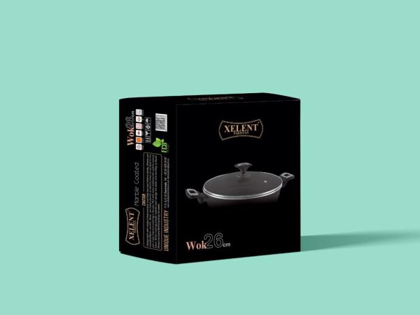 Wok packaging box featuring a marble-coated wok image, highlighting non-stick surface, heat retention, and stylish design. Includes product details and branding for easy identification.