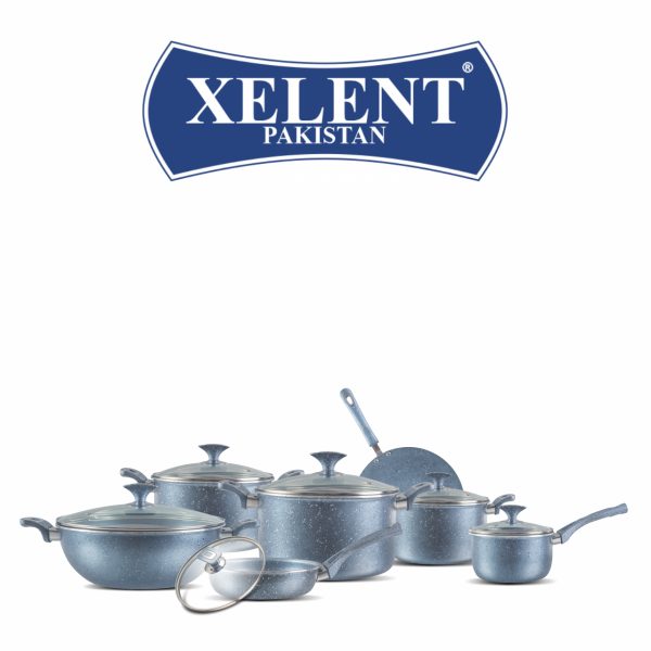 21-Piece Xelent Marble Coated Cookware Set with various pans, tawa, frying pan with lid, saucepan, wok, and additional accessories including nylon spoons, apron, and glove.