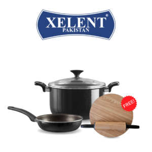 Xelent Crystal 5-Piece Cookware Set with nonstick 24 cm casserole and frying pan, plus a free wooden texture rolling pin.