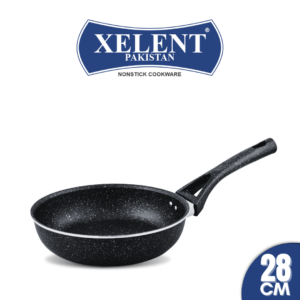 Top view of a sleek marble black frypan with a smooth, nonstick surface and ergonomic handle, perfect for even heat distribution and stylish cooking.