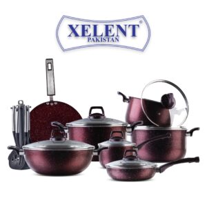 21-Piece Xelent Marble Coated Cookware Set with various pans, tawa, frying pan with lid, saucepan, wok, and additional accessories including nylon spoons, apron, and glove.