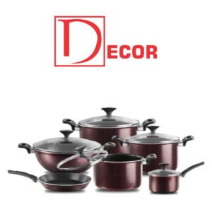 18-piece nonstick cookware set with 3 pots with glass lids, frying pan, wok, saucepan, tawa, and 6 spoons, designed for versatile cooking and easy cleaning.