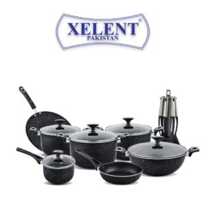 21-Piece Xelent Marble Coated Cookware Set with various pans, tawa, frying pan with lid, saucepan, wok, and additional accessories including nylon spoons, apron, and glove.