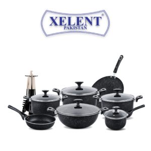 21-Piece Xelent Marble Coated Cookware Set with various pans, tawa, frying pan with lid, saucepan, wok, and additional accessories including nylon spoons, apron, and glove.