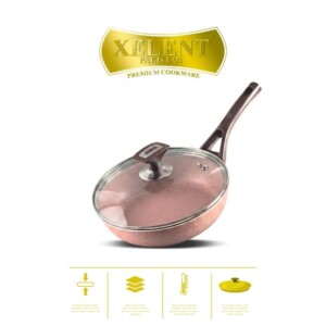 Top view of a sleek marble black frypan with a smooth, nonstick surface and ergonomic handle, perfect for even heat distribution and stylish cooking.