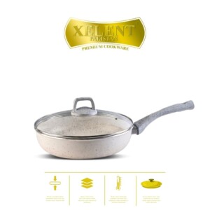 Top view of a sleek marble black frypan with a smooth, nonstick surface and ergonomic handle, perfect for even heat distribution and stylish cooking.