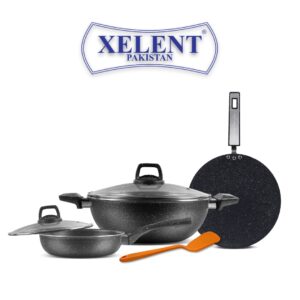 Affordable nonstick cookware bundle for everyday use – includes frypan, tawa, and spoon set by Xelent Pakistan