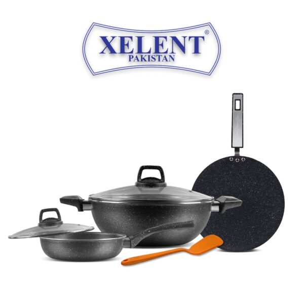 Affordable nonstick cookware bundle for everyday use – includes frypan, tawa, and spoon set by Xelent Pakistan