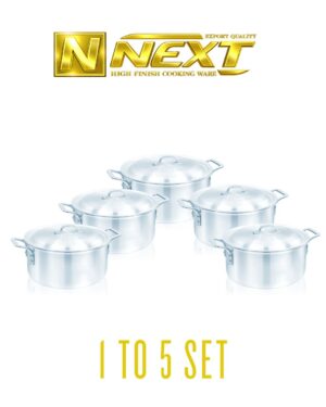 Metal finish casserole set featuring various sizes, high-quality metal construction, and ergonomic handles, ideal for even cooking and easy cleaning.