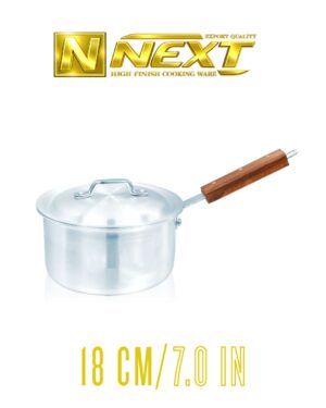 Sleek metal finish saucepan with durable iron wooden handles, ideal for versatile cooking and comfortable handling.