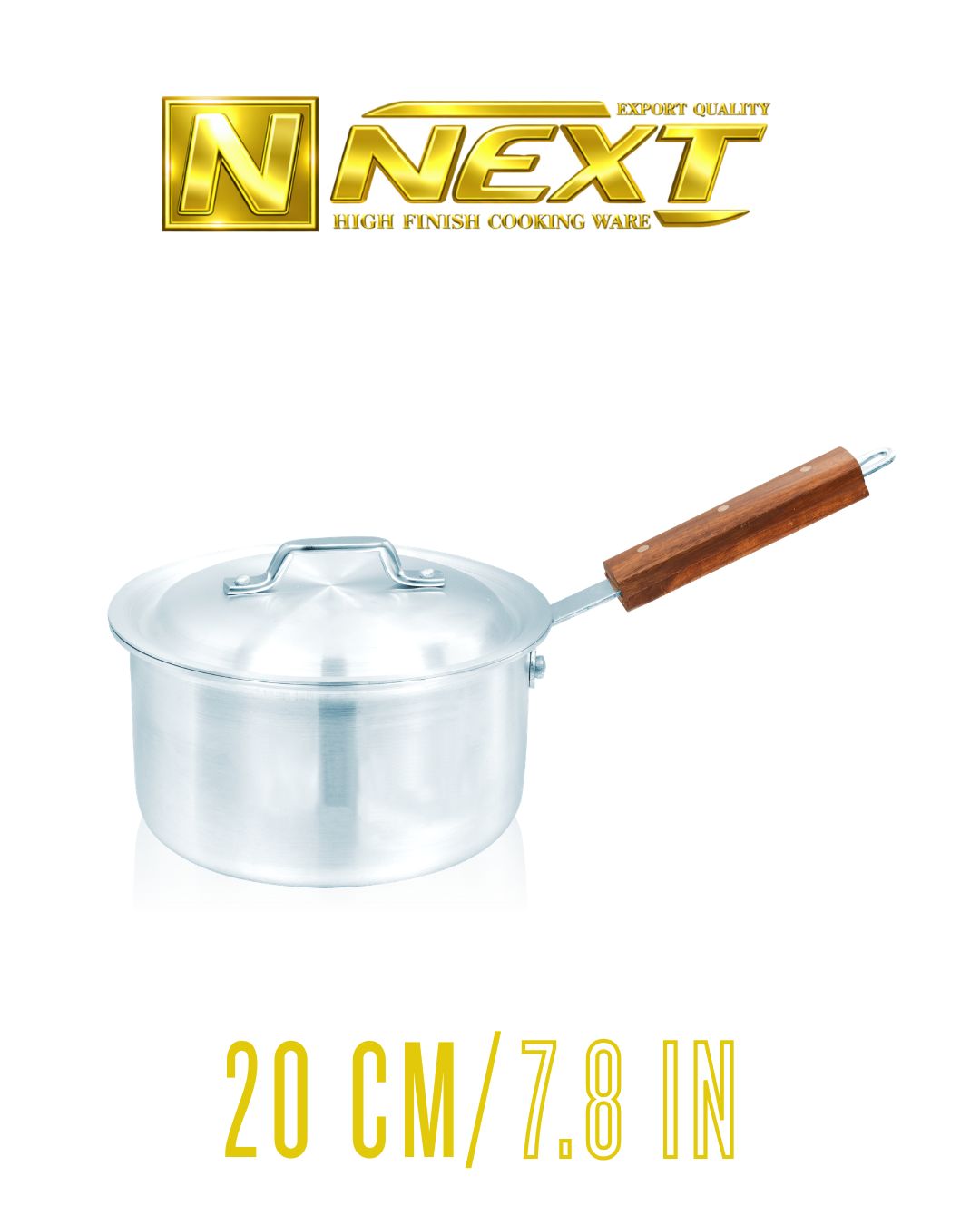 Sleek metal finish saucepan with durable iron wooden handles, ideal for versatile cooking and comfortable handling.