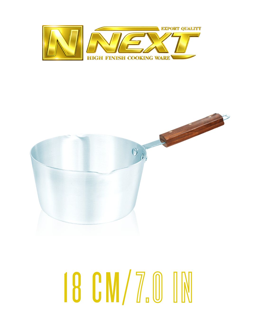 Metal finish milkpan with ergonomic iron wooden handles, ideal for heating milk and cooking small quantities, offering durability and style.
