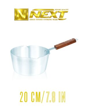 Metal finish milkpan with ergonomic iron wooden handles, ideal for heating milk and cooking small quantities, offering durability and style.