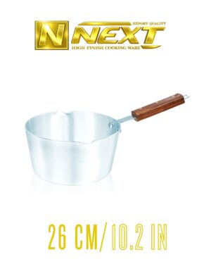 Metal finish milkpan with ergonomic iron wooden handles, ideal for heating milk and cooking small quantities, offering durability and style.