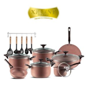 19-Piece Xelent Marble Coated Cookware Set with various pans, tawa, frying pan with lid, saucepan, wok, and additional accessories including nylon spoons, apron, and glove.