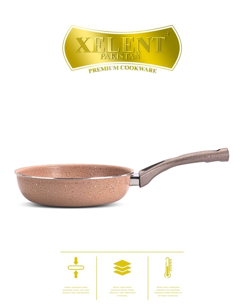 Top view of a sleek marble black frypan with a smooth, nonstick surface and ergonomic handle, perfect for even heat distribution and stylish cooking.