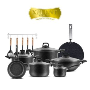 19-Piece Xelent Marble Coated Cookware Set with various pans, tawa, frying pan with lid, saucepan, wok, and additional accessories including nylon spoons, apron, and glove.