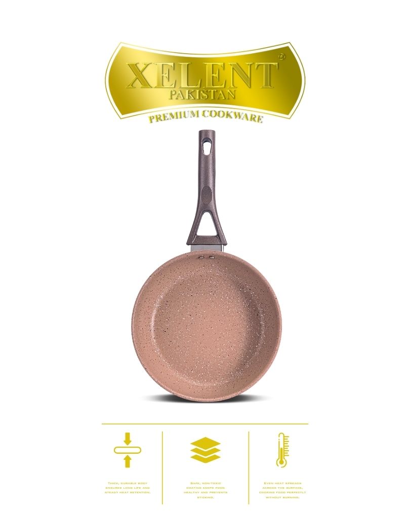 Top view of a sleek marble black frypan with a smooth, nonstick surface and ergonomic handle, perfect for even heat distribution and stylish cooking.