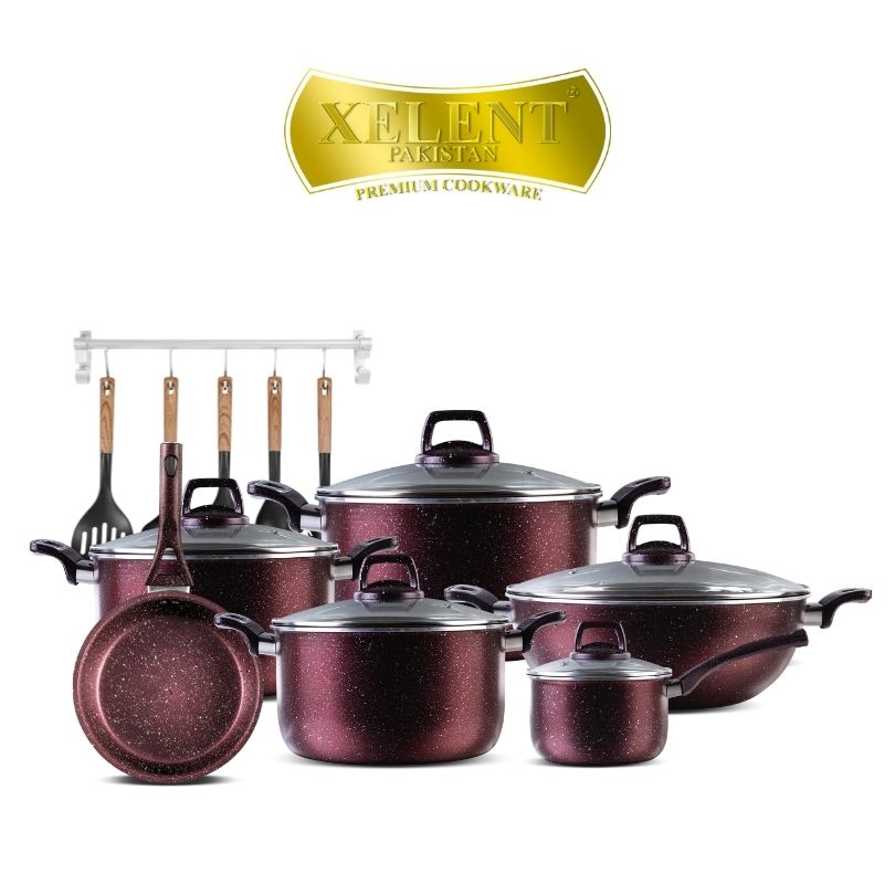 19-Piece Xelent Marble Coated Cookware Set with various pans, tawa, frying pan with lid, saucepan, wok, and additional accessories including nylon spoons, apron, and glove.